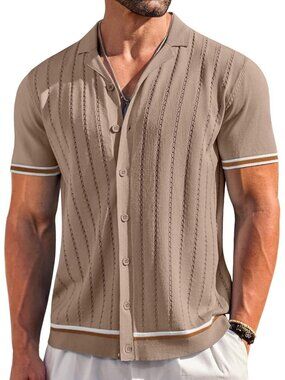Men’s Dark Beige Short Sleeve Knit Button Down Vintage Striped Beach Shirt